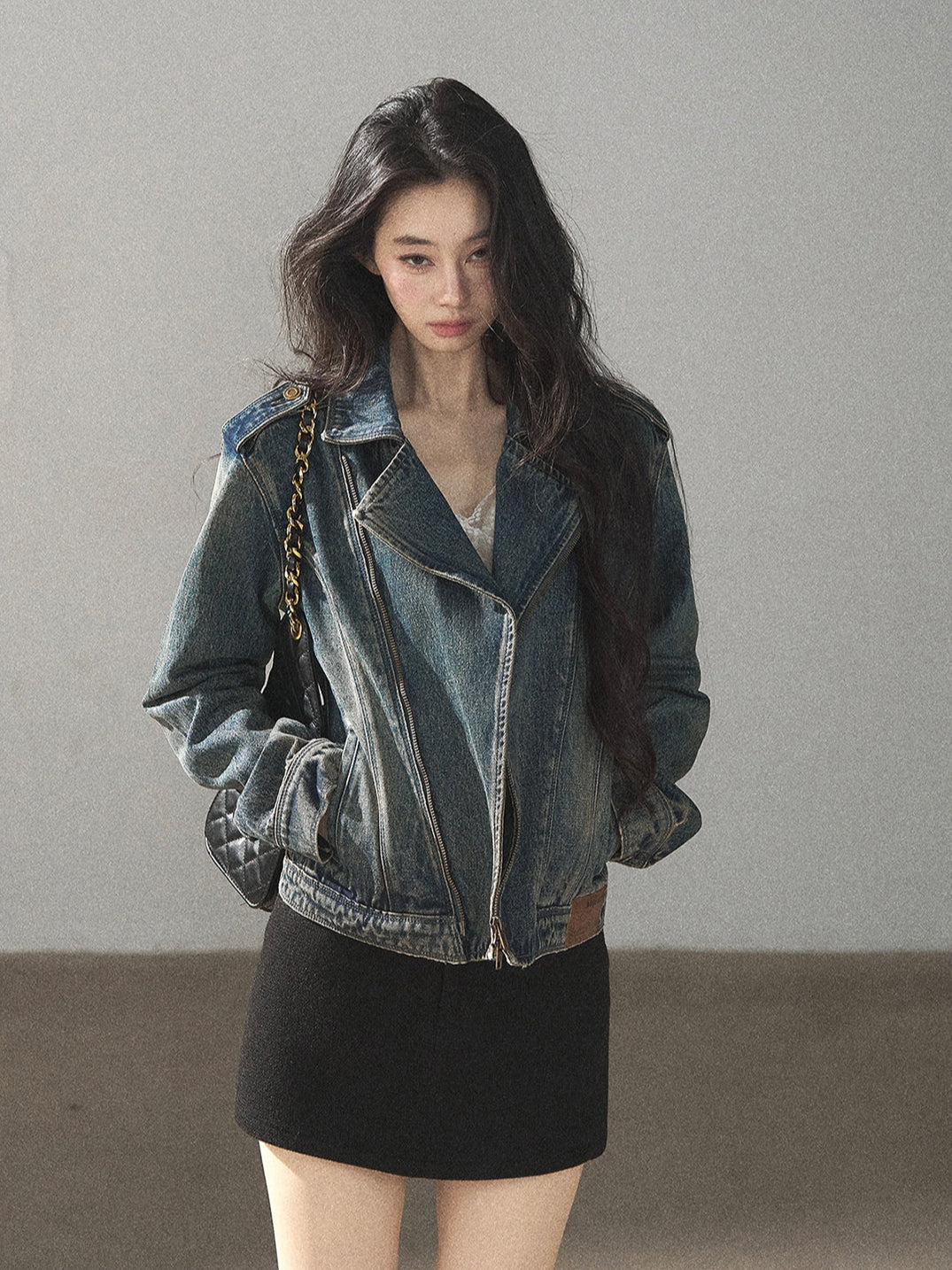 AOMALM - Vintage Blue Cropped Fitted Denim Jacket