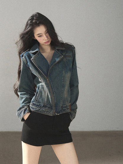 AOMALM - Vintage Blue Cropped Fitted Denim Jacket