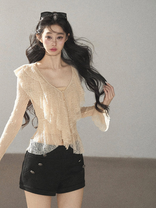 AOMALM - Lace Top – French Ruffle V-Neck Cropped Style