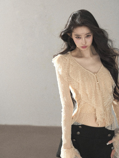 AOMALM - Lace Top – French Ruffle V-Neck Cropped Style