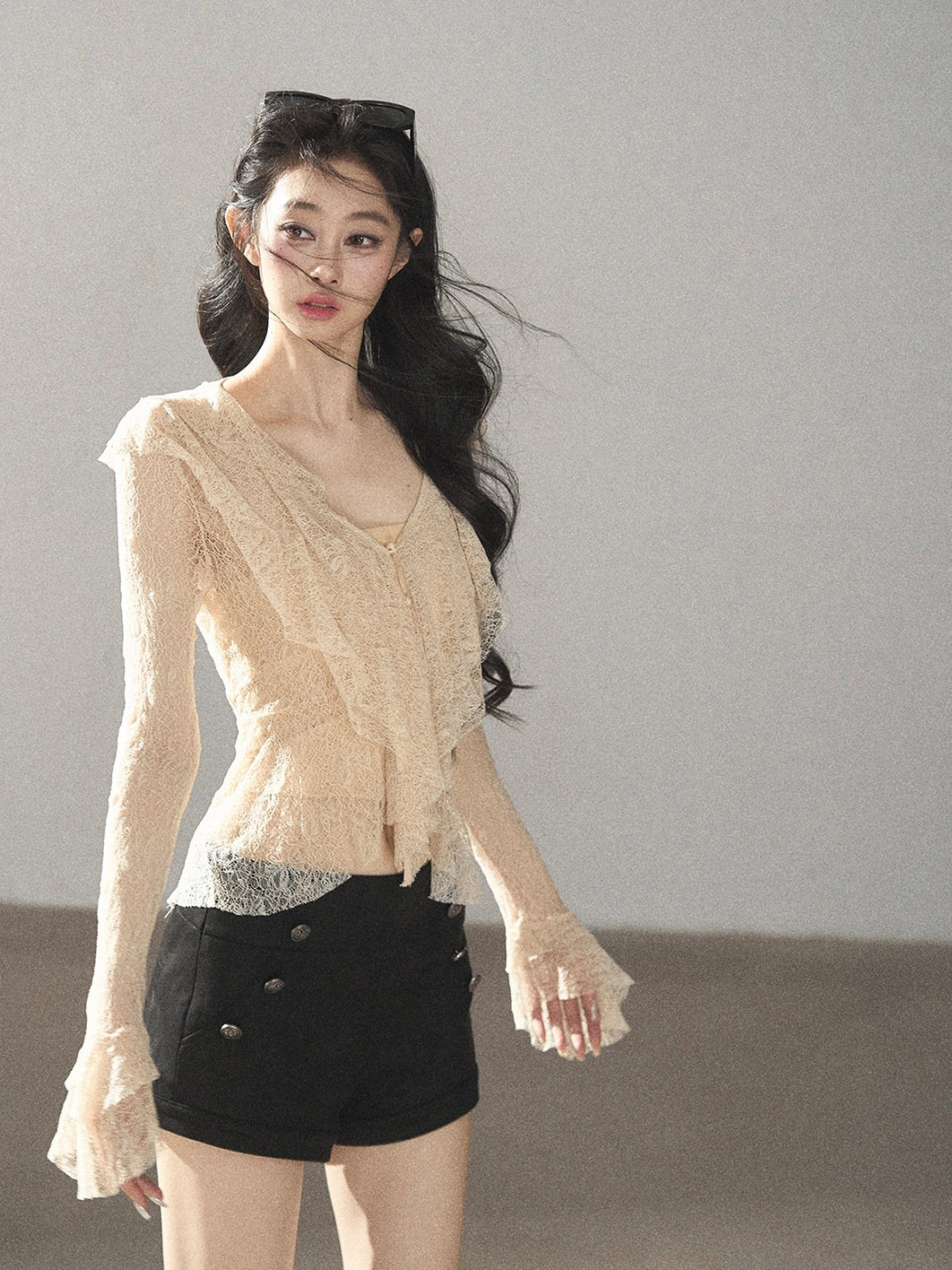 AOMALM - Lace Top – French Ruffle V-Neck Cropped Style