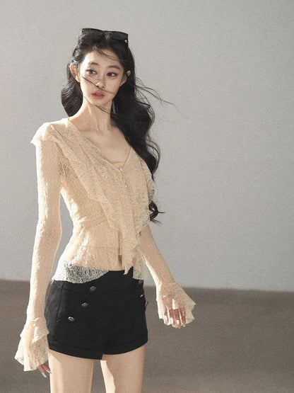 AOMALM - Lace Top – French Ruffle V-Neck Cropped Style