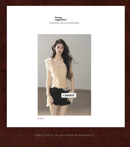 AOMALM - Lace Top – French Ruffle V-Neck Cropped Style