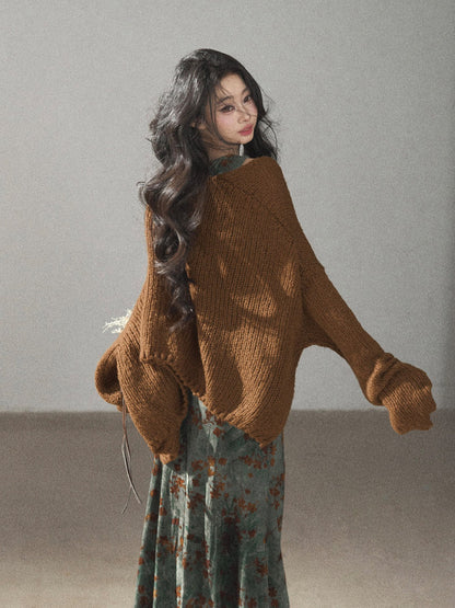 AOMALM - Caramel Brown Openwork Knit Cardigan