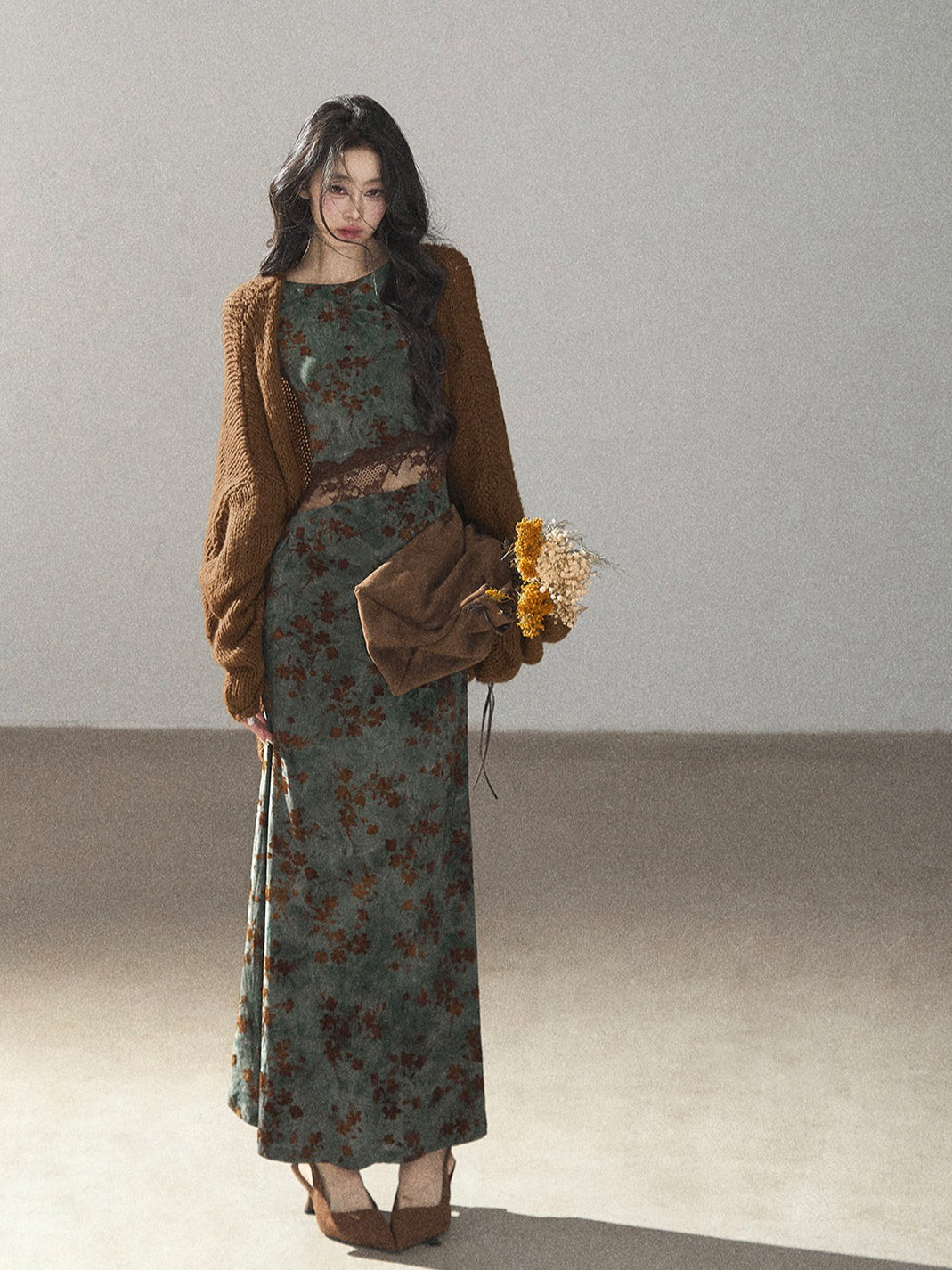 AOMALM - Caramel Brown Openwork Knit Cardigan