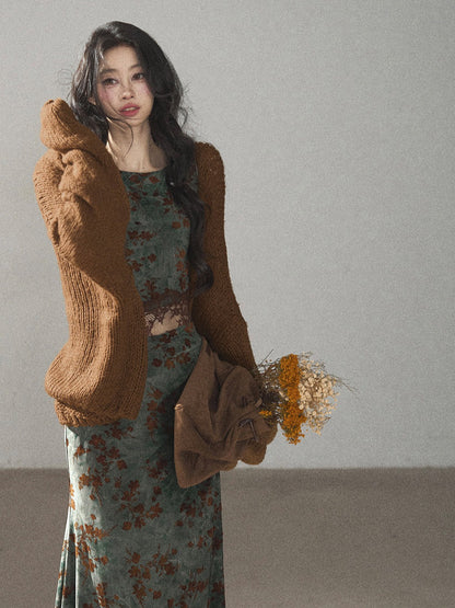 AOMALM - Caramel Brown Openwork Knit Cardigan