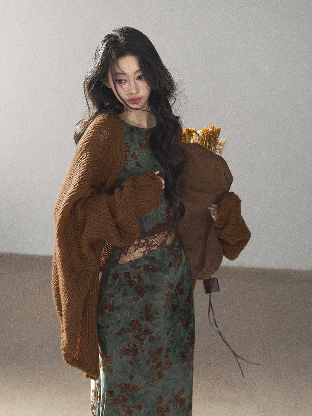 AOMALM - Caramel Brown Openwork Knit Cardigan