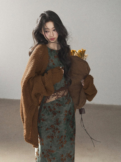 AOMALM - Caramel Brown Openwork Knit Cardigan