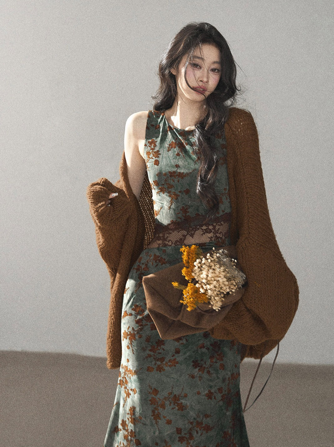 AOMALM - Caramel Brown Openwork Knit Cardigan