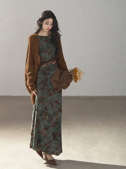 AOMALM - Olive Green Lace Floral Mermaid Maxi Dress