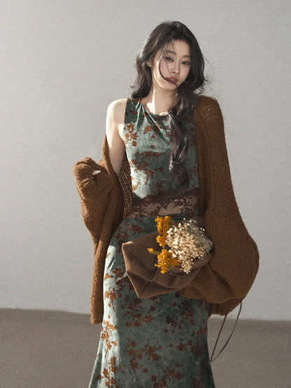 AOMALM - Olive Green Lace Floral Mermaid Maxi Dress