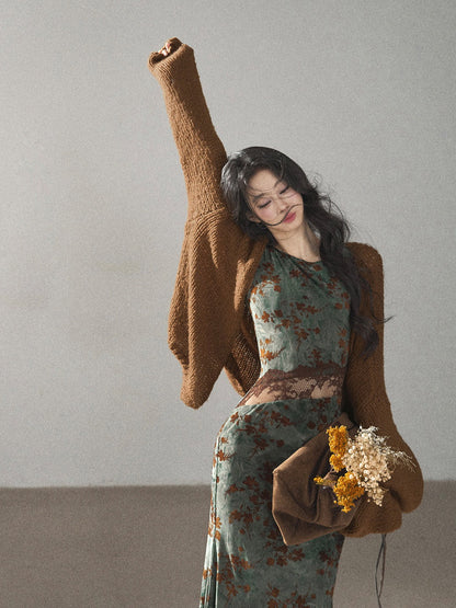 AOMALM - Olive Green Lace Floral Mermaid Maxi Dress