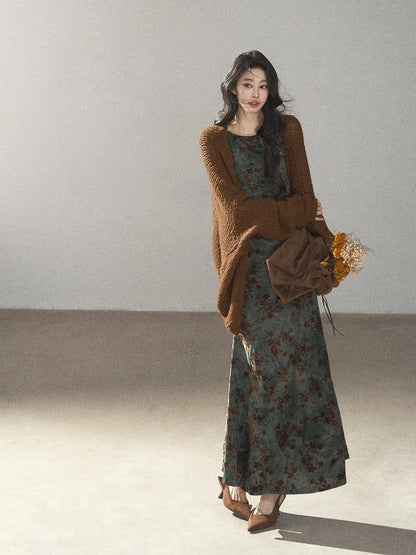 AOMALM - Olive Green Lace Floral Mermaid Maxi Dress