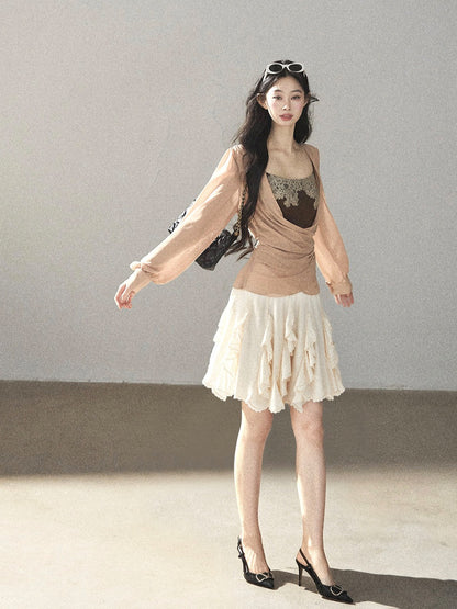 AOMALM - Cinnamon Blush Ruched Wrap Chiffon Top with Lace Cami Set