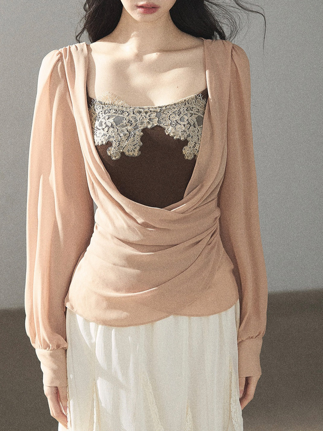 AOMALM - Cinnamon Blush Ruched Wrap Chiffon Top with Lace Cami Set