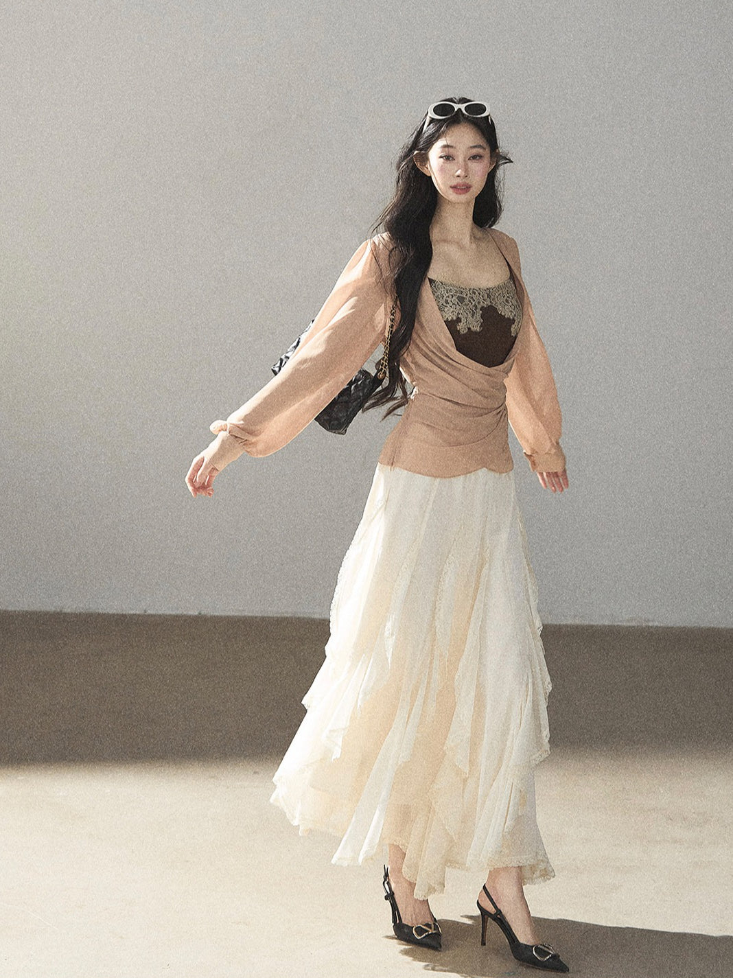 AOMALM - Cinnamon Blush Ruched Wrap Chiffon Top with Lace Cami Set