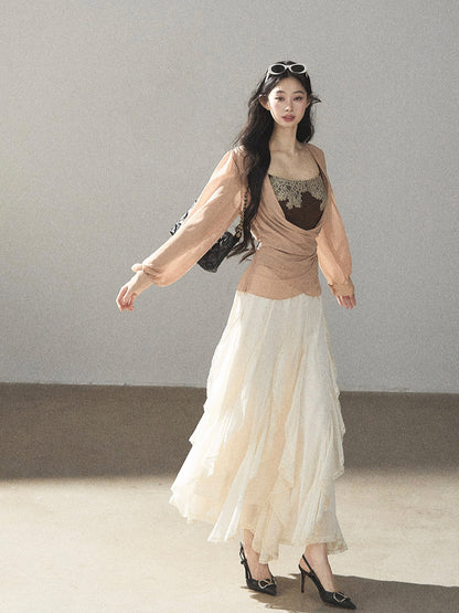 AOMALM - Cinnamon Blush Ruched Wrap Chiffon Top with Lace Cami Set