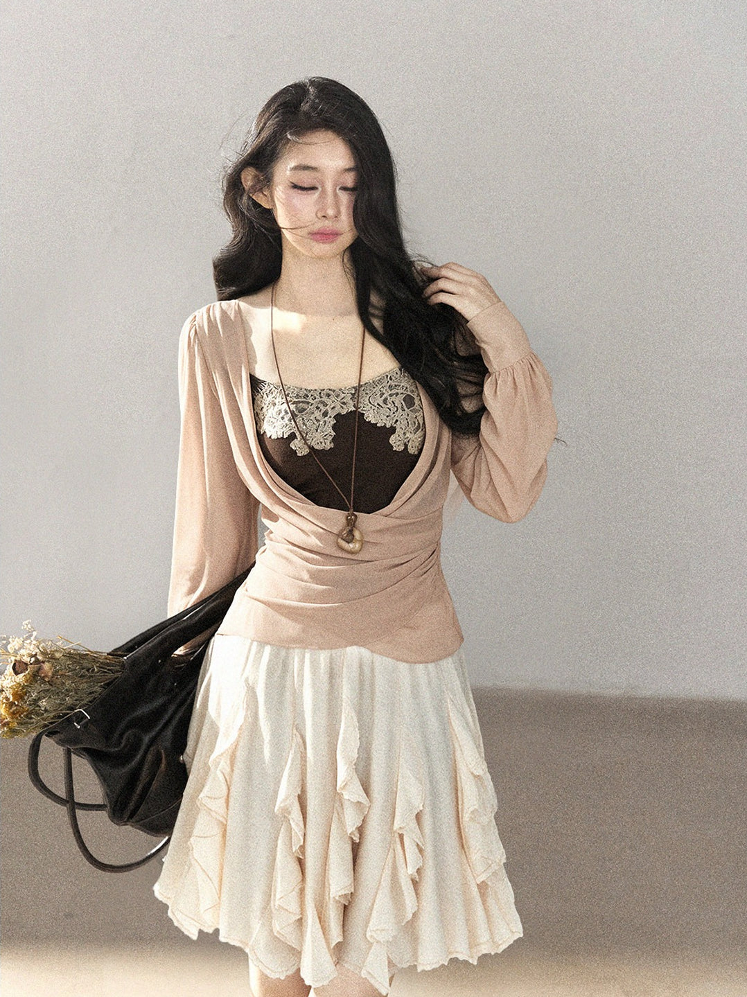AOMALM - Cinnamon Blush Ruched Wrap Chiffon Top with Lace Cami Set