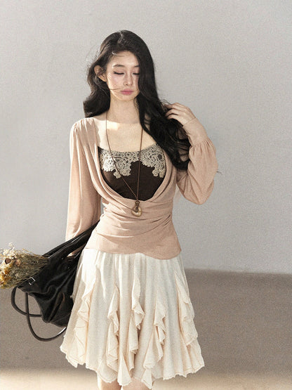 AOMALM - Cinnamon Blush Ruched Wrap Chiffon Top with Lace Cami Set