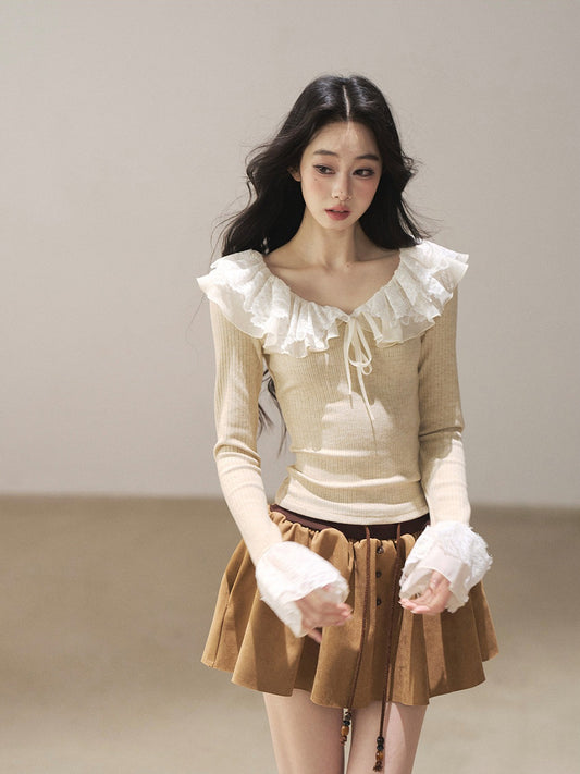 AOMALM - Oatmeal Ruffle Lace Knit Cropped Top