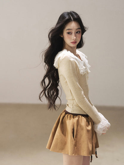 AOMALM - Oatmeal Ruffle Lace Knit Cropped Top
