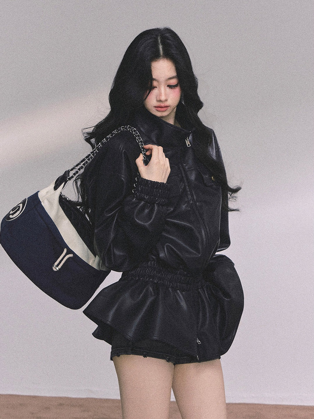 AOMALM - Burgundy PU Suede Jacket & A-Line Shorts Set
