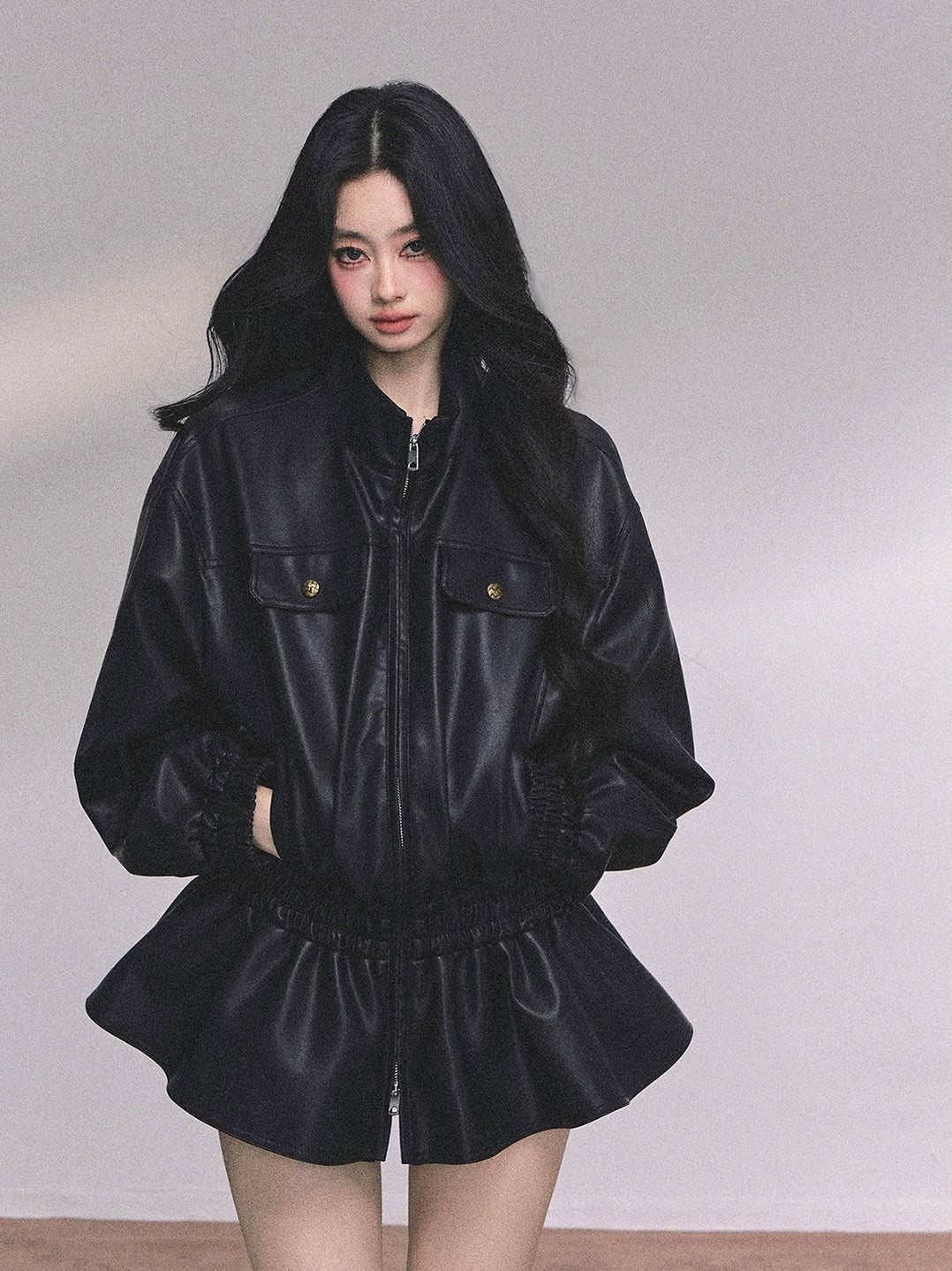 AOMALM - Burgundy PU Suede Jacket & A-Line Shorts Set