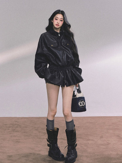 AOMALM - Burgundy PU Suede Jacket & A-Line Shorts Set