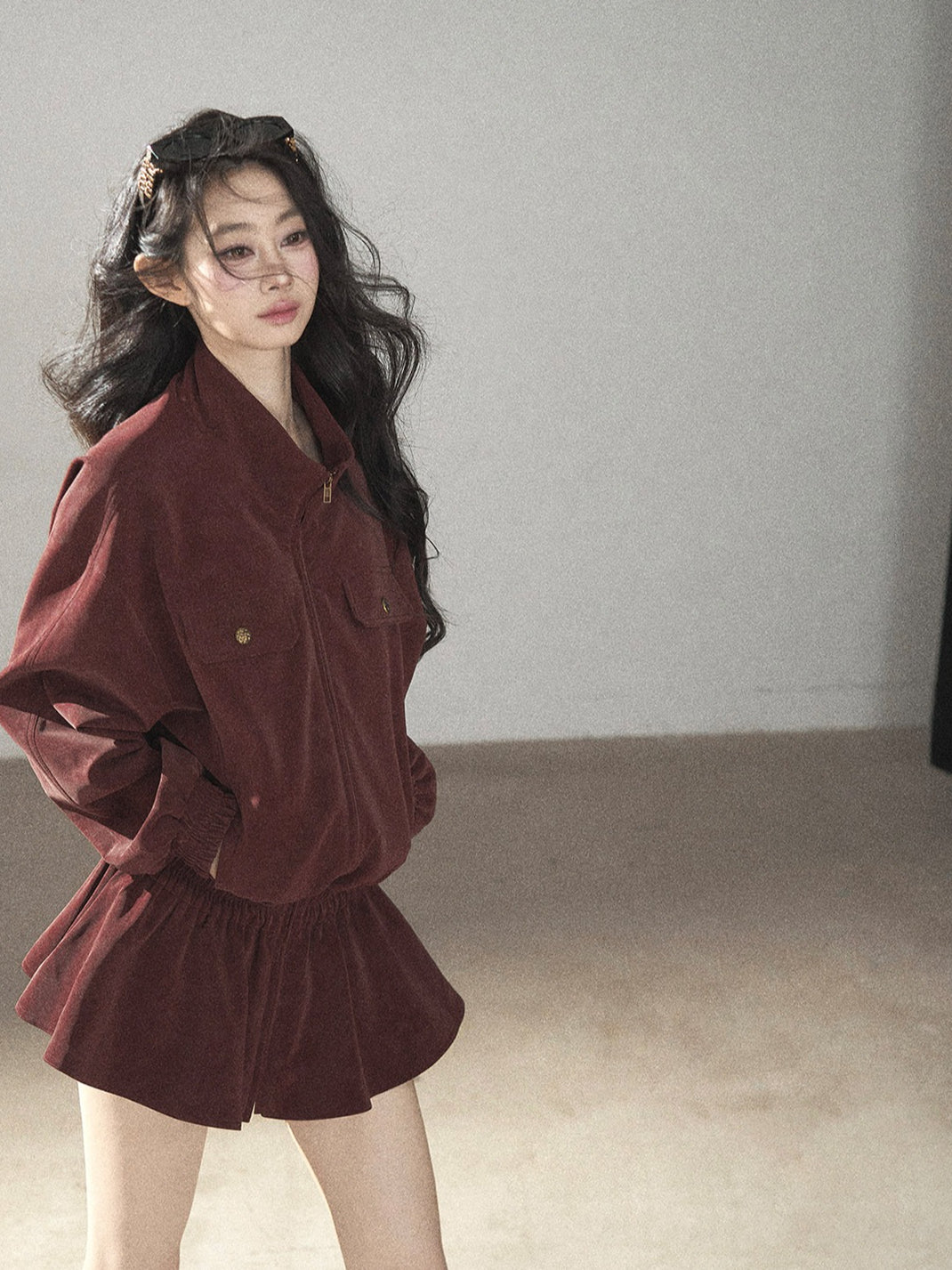 AOMALM - Burgundy PU Suede Jacket & A-Line Shorts Set