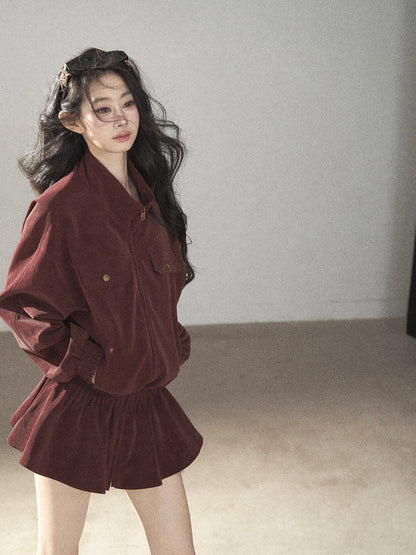 AOMALM - Burgundy PU Suede Jacket & A-Line Shorts Set