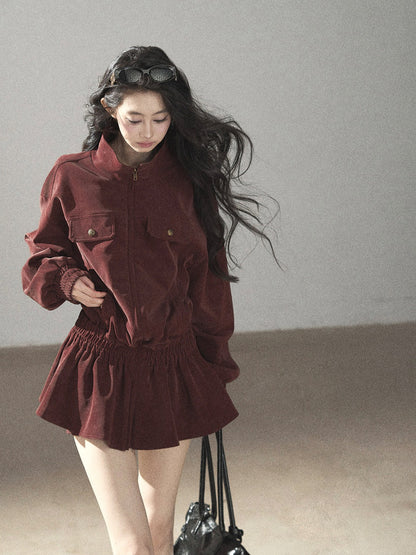 AOMALM - Burgundy PU Suede Jacket & A-Line Shorts Set