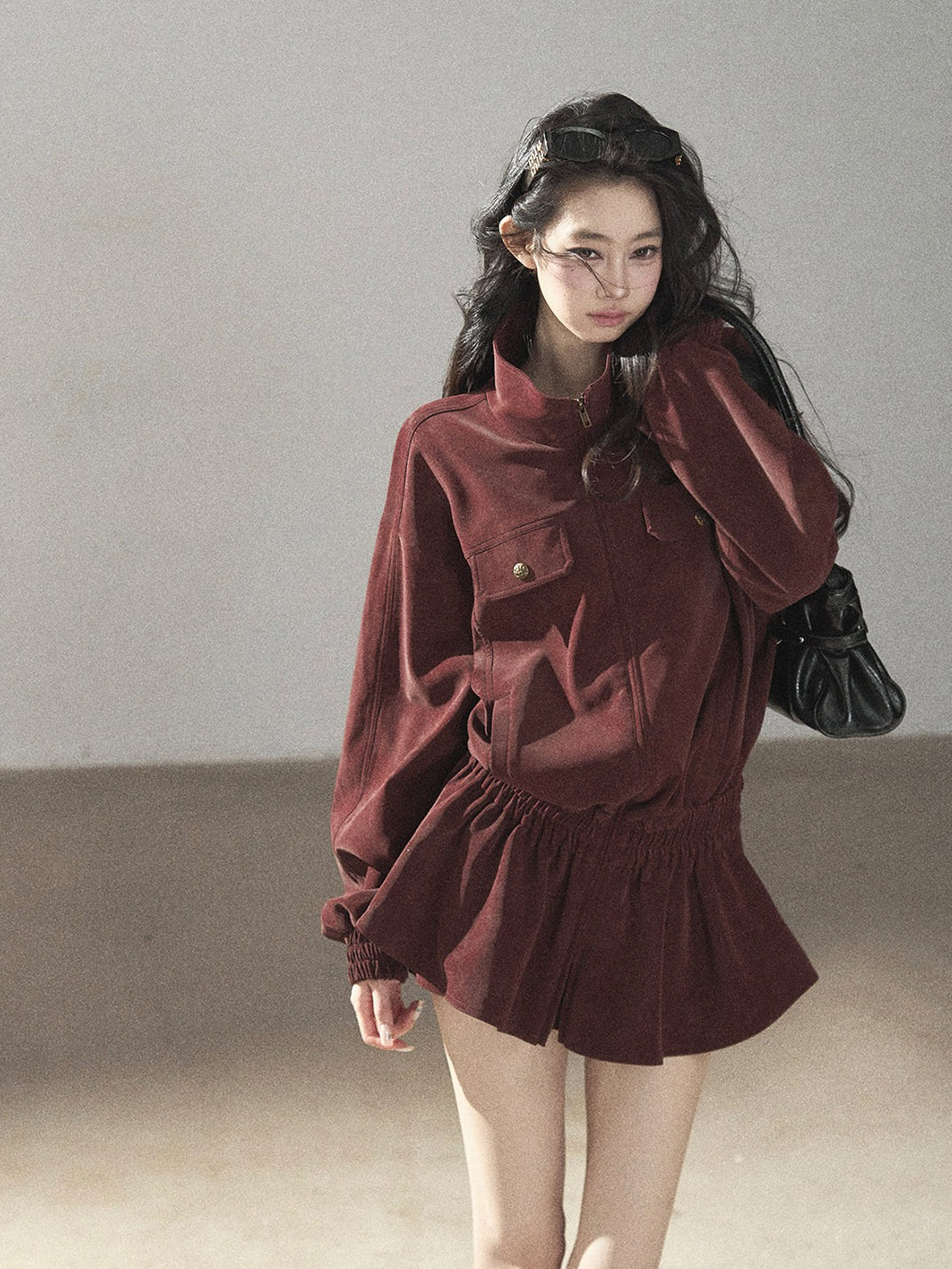 AOMALM - Burgundy PU Suede Jacket & A-Line Shorts Set