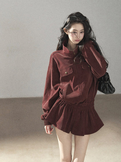AOMALM - Burgundy PU Suede Jacket & A-Line Shorts Set