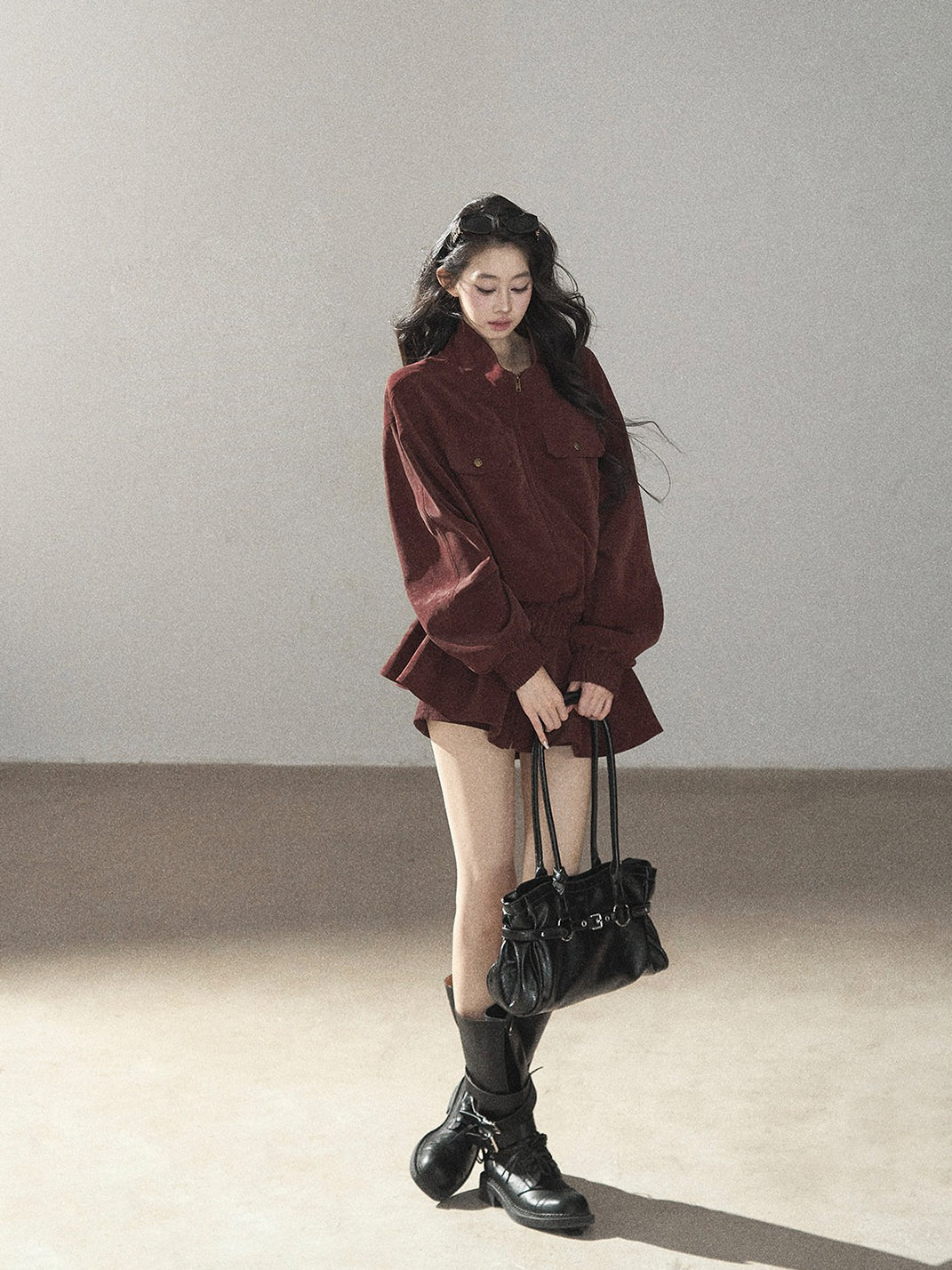 AOMALM - Burgundy PU Suede Jacket & A-Line Shorts Set