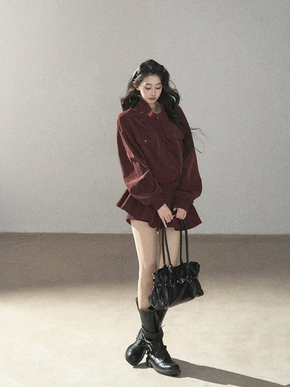 AOMALM - Burgundy PU Suede Jacket & A-Line Shorts Set