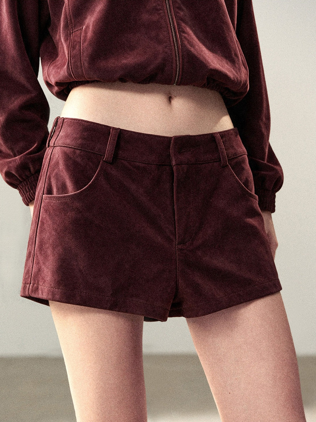AOMALM - Burgundy PU Suede Jacket & A-Line Shorts Set