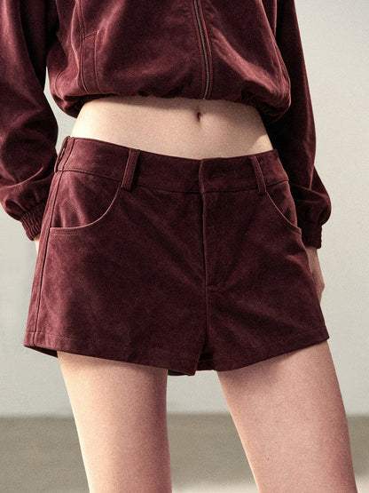 AOMALM - Burgundy PU Suede Jacket & A-Line Shorts Set