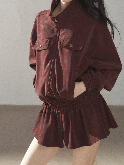 AOMALM - Burgundy PU Suede Jacket & A-Line Shorts Set