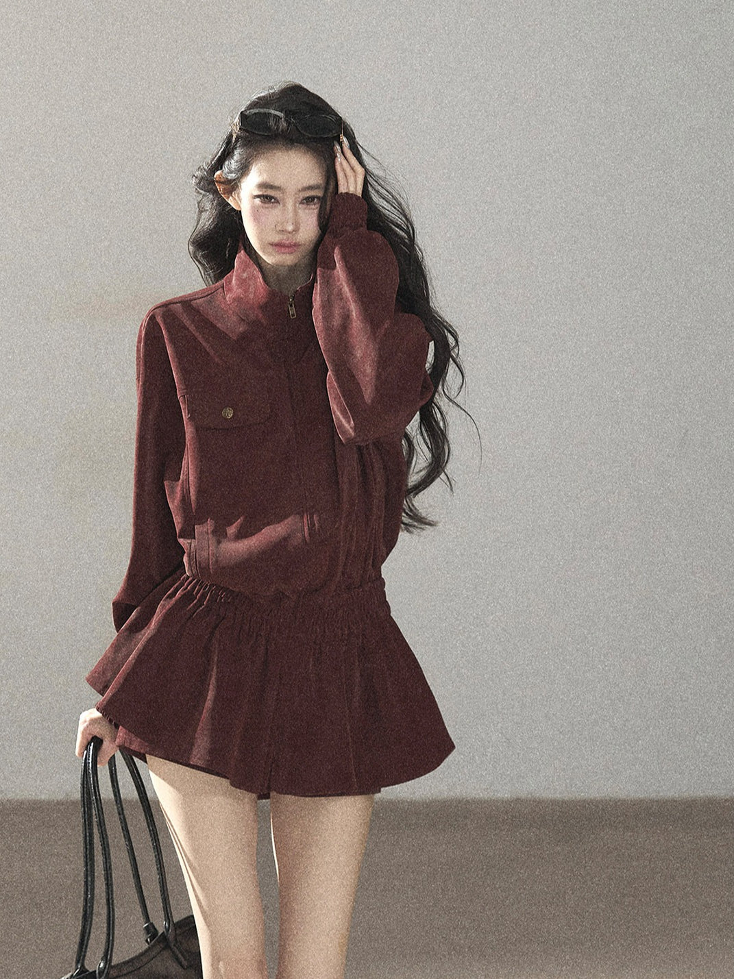 AOMALM - Burgundy PU Suede Jacket & A-Line Shorts Set
