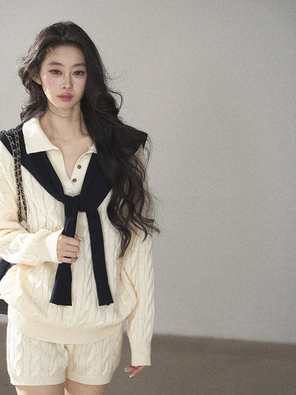 AOMALM - Dutch Cream Cable Knit Sweater & Shorts Set with Shawl
