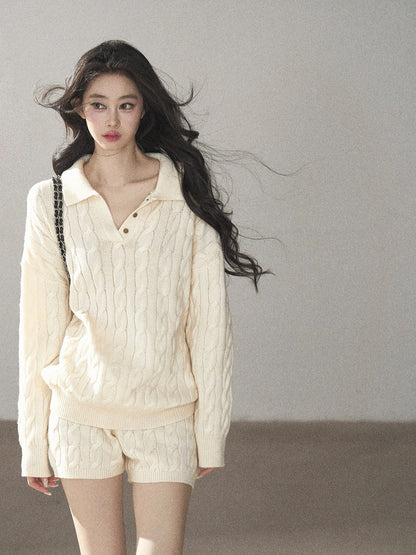 AOMALM - Dutch Cream Cable Knit Sweater & Shorts Set with Shawl