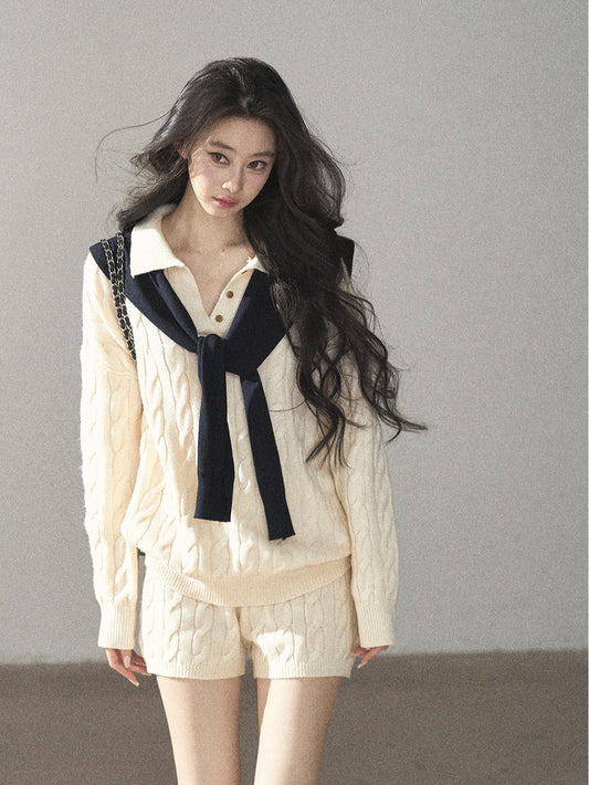 AOMALM - Dutch Cream Cable Knit Sweater & Shorts Set with Shawl
