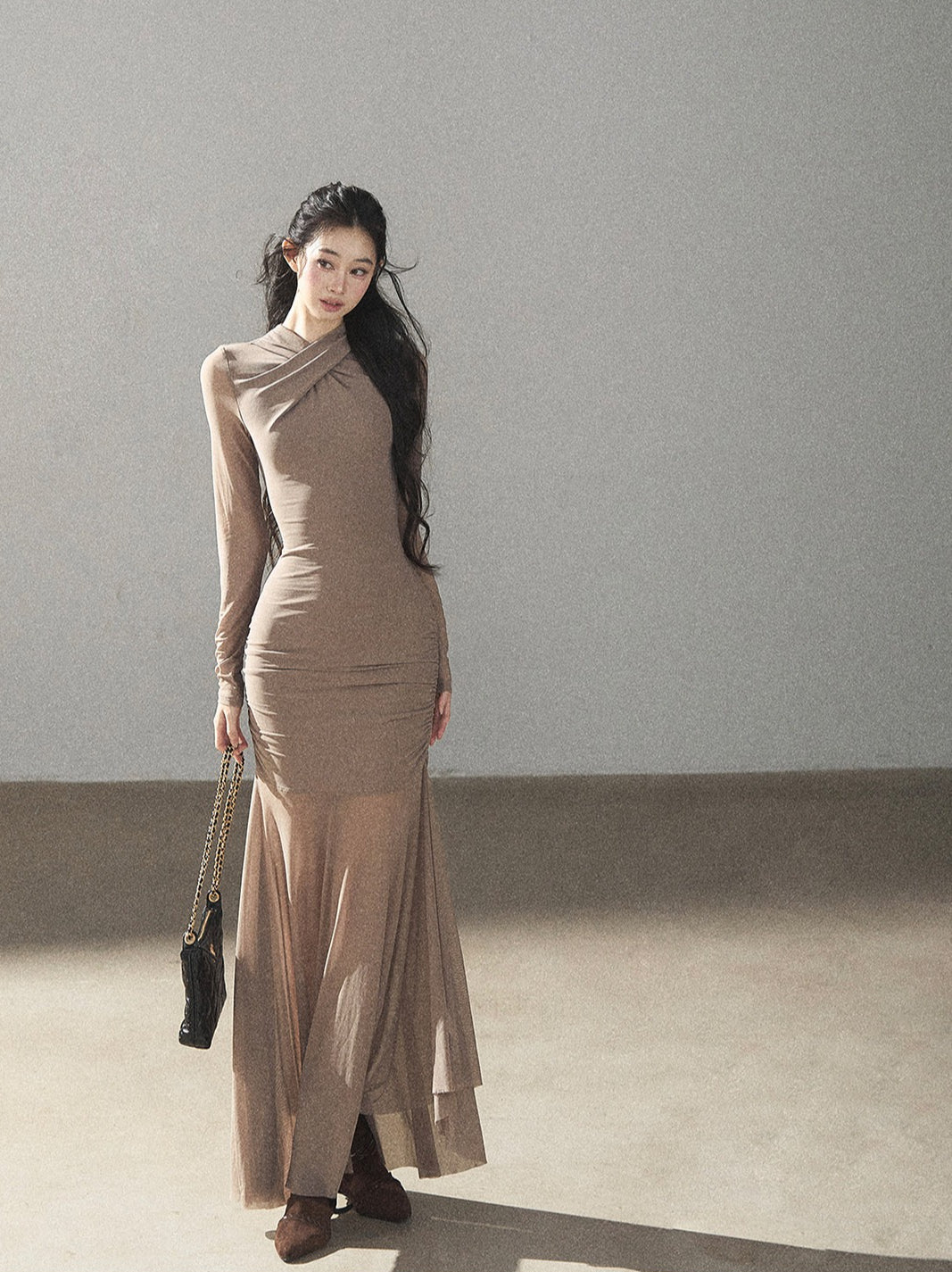 AOMALM - Milk Tea Ruched Mesh Mermaid Maxi Dress