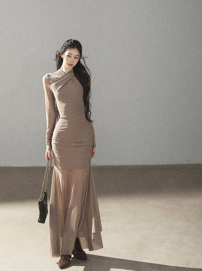 AOMALM - Milk Tea Ruched Mesh Mermaid Maxi Dress