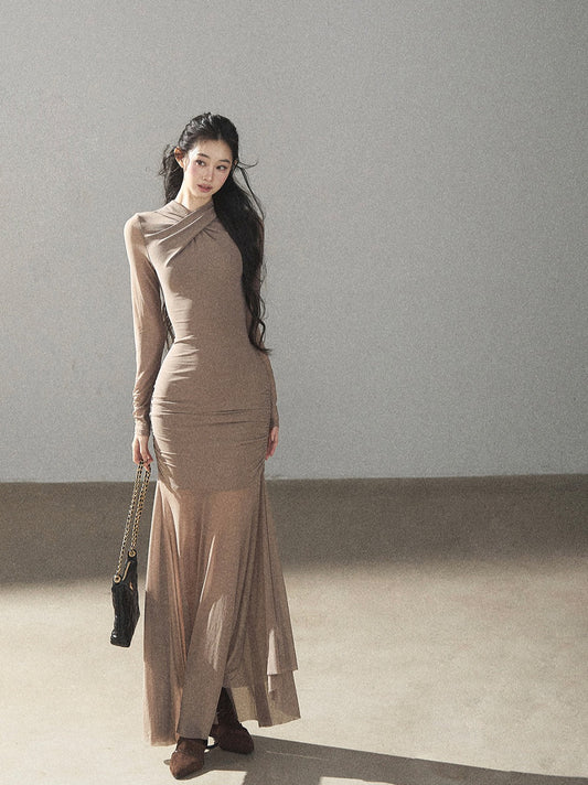 AOMALM - Milk Tea Ruched Mesh Mermaid Maxi Dress