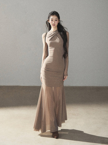 AOMALM - Milk Tea Ruched Mesh Mermaid Maxi Dress