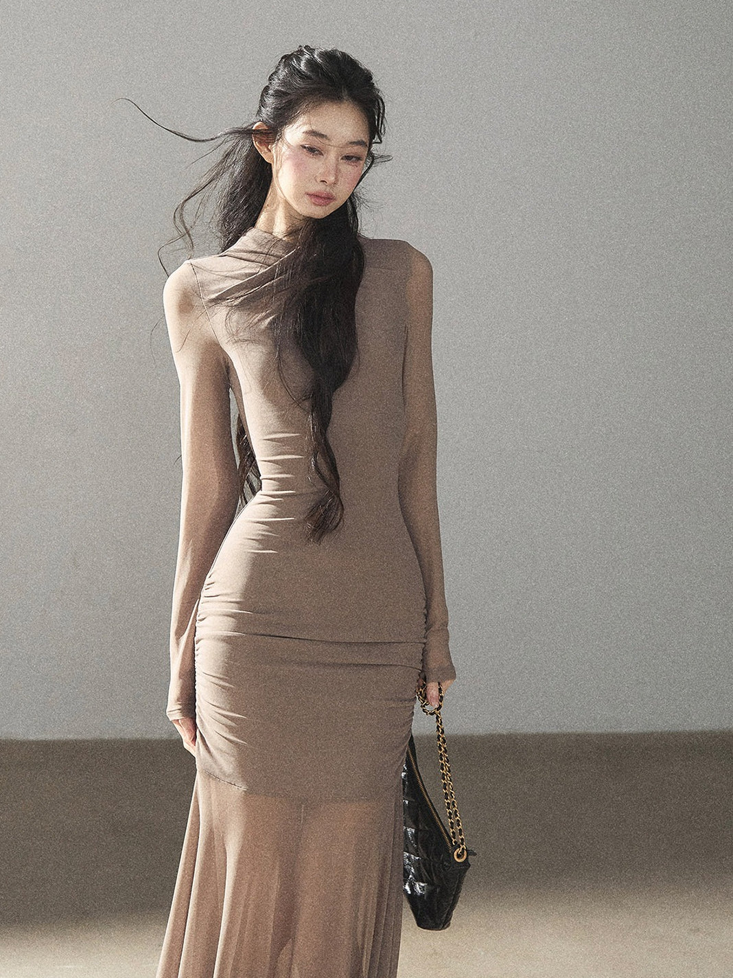AOMALM - Milk Tea Ruched Mesh Mermaid Maxi Dress