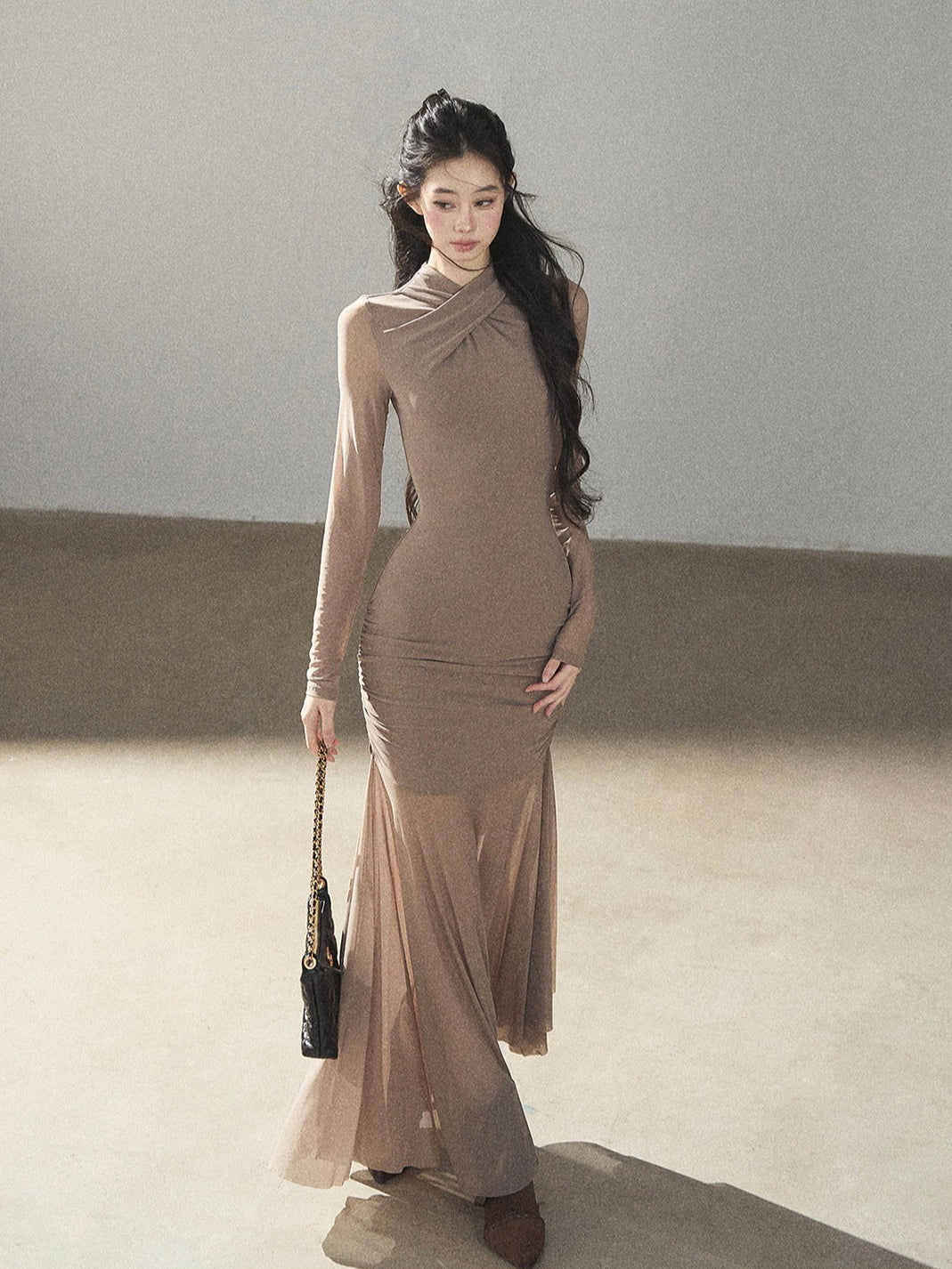AOMALM - Milk Tea Ruched Mesh Mermaid Maxi Dress