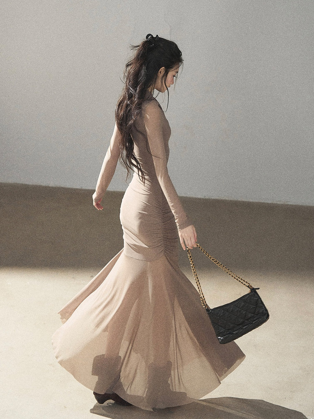 AOMALM - Milk Tea Ruched Mesh Mermaid Maxi Dress
