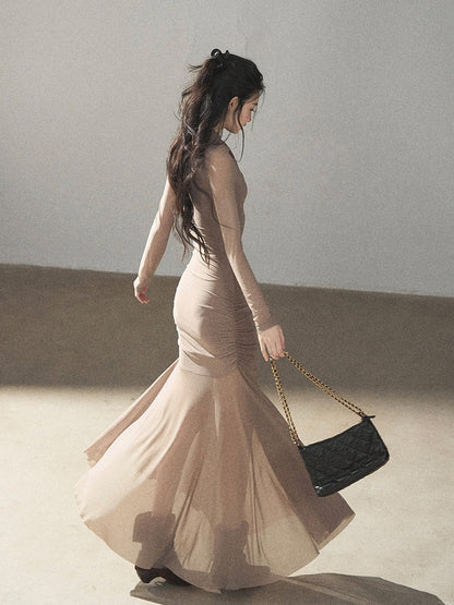 AOMALM - Milk Tea Ruched Mesh Mermaid Maxi Dress